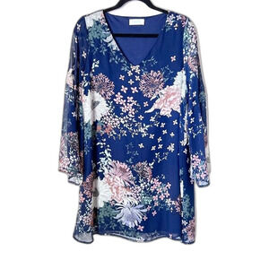 Peach Love California Blue Floral Long Sleeve Mini Dress